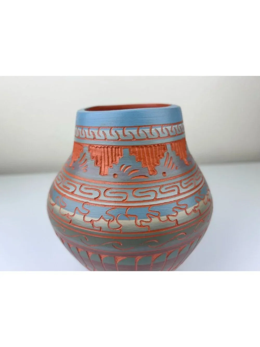 Navajo Pottery Vase Terracotta Red Clay Etched Blue Orange Teal 6